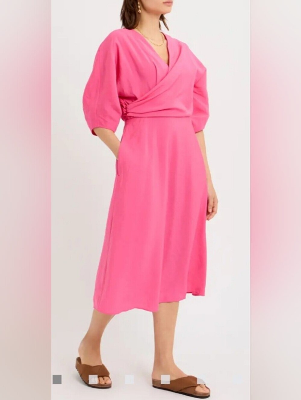 COS Puff Sleeve Midi Dress with Pockets Stretch Tencel Modal Women's Sz 2 or XS